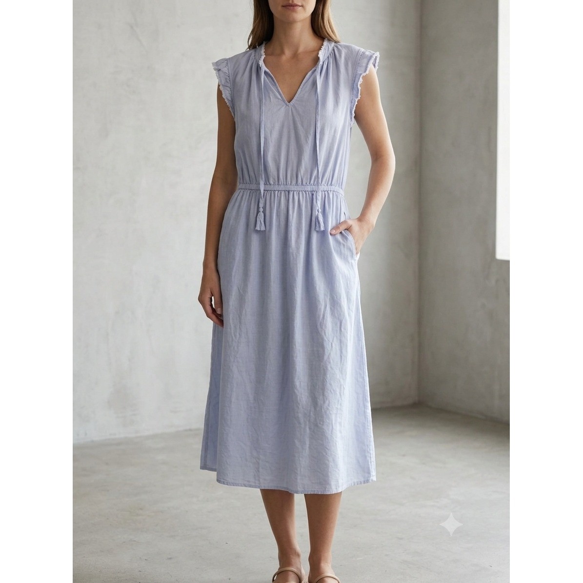 Bella Dahl Coastal Tencel Ruffle Hem Tassel Tie Midi Dress Blue L
