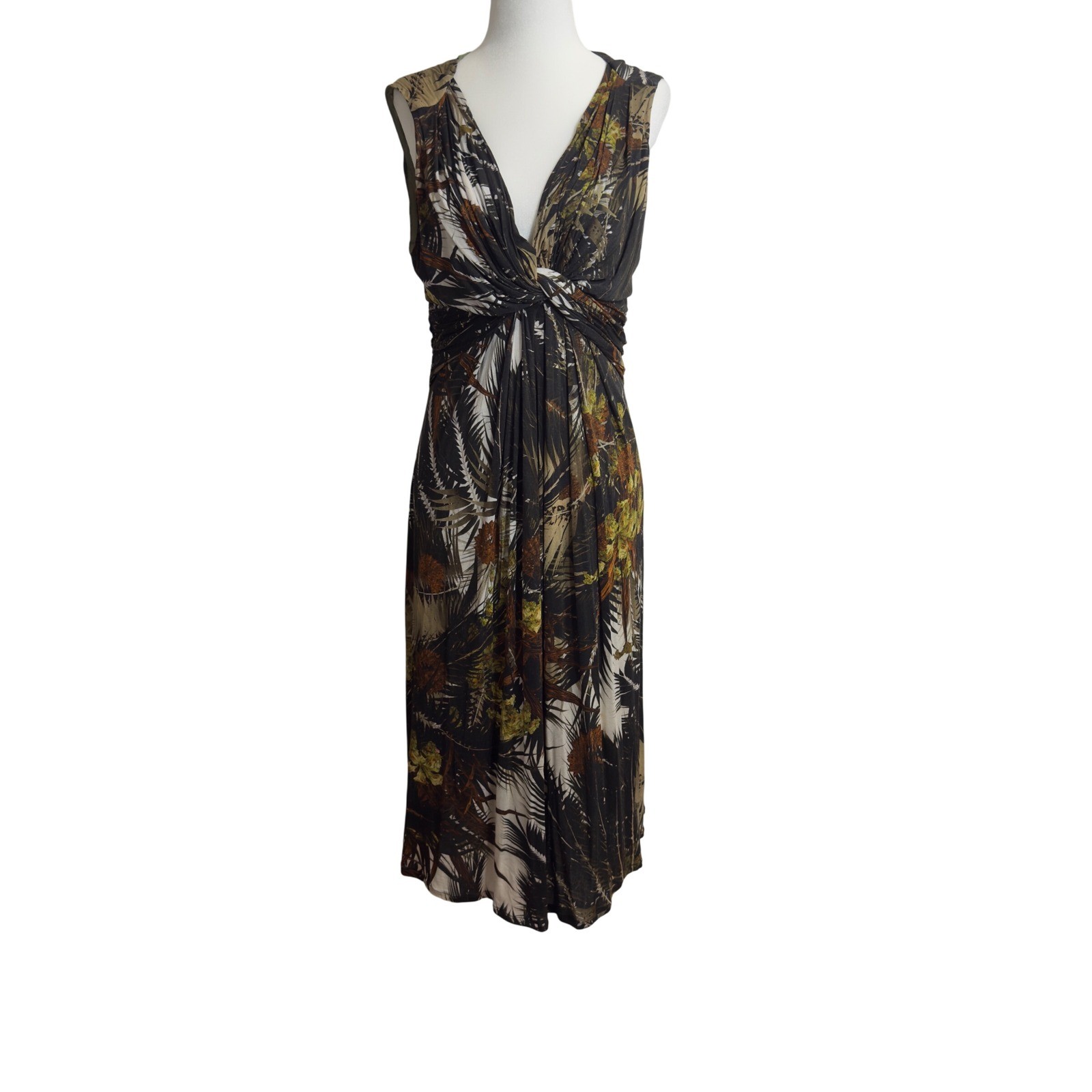 Max Mara Studio Tropical Print Twist Front Jersey Midi Dress Brown Green Medium