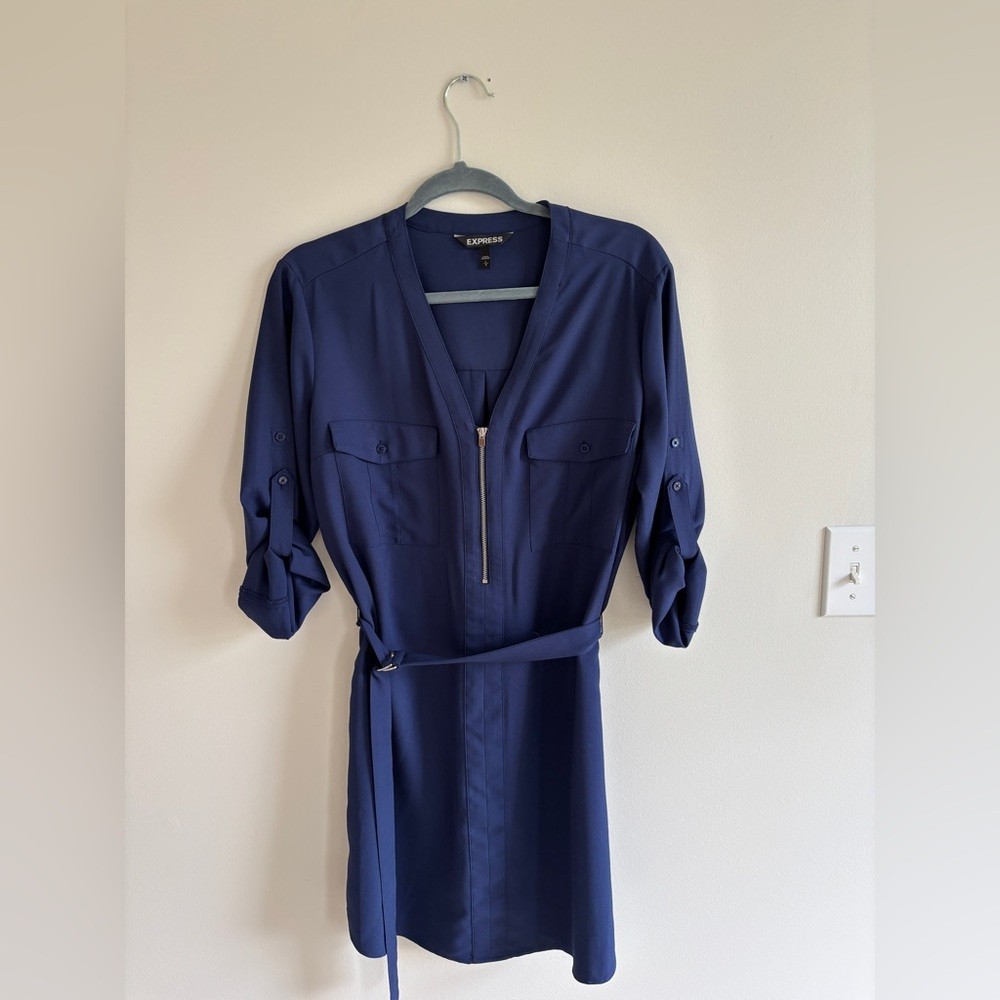 Express Navy Zip-Front Belted Long-Sleeve Shirt Dress with Roll Tabs