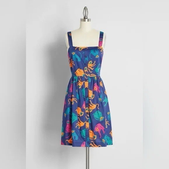 ModCloth NWT Fit and Flare Vintage Inspired Retro Summer Dress Blue Monkey sz 0