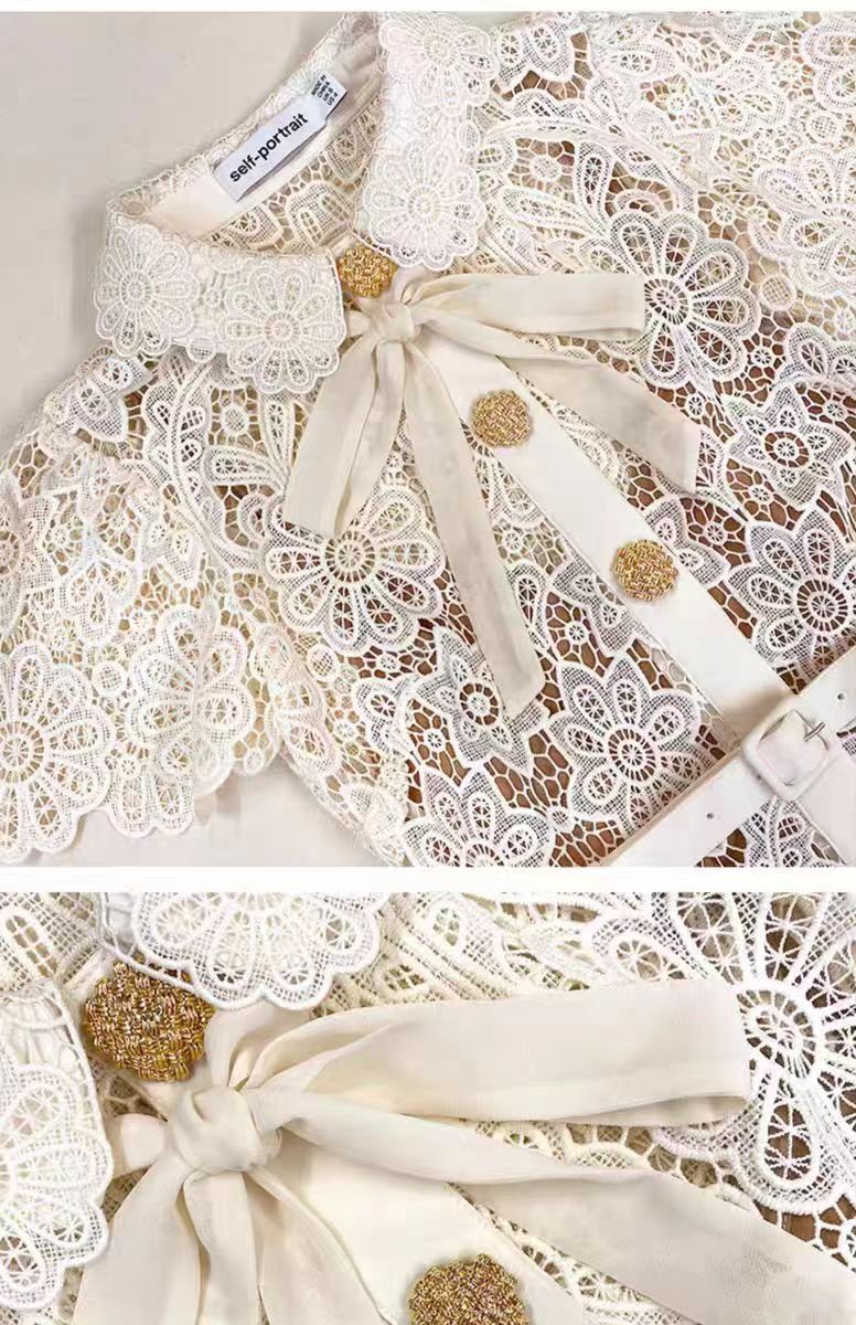 Self-Portrait Polyester Lace Collared Short Sleeve Midi Dress for Women White
