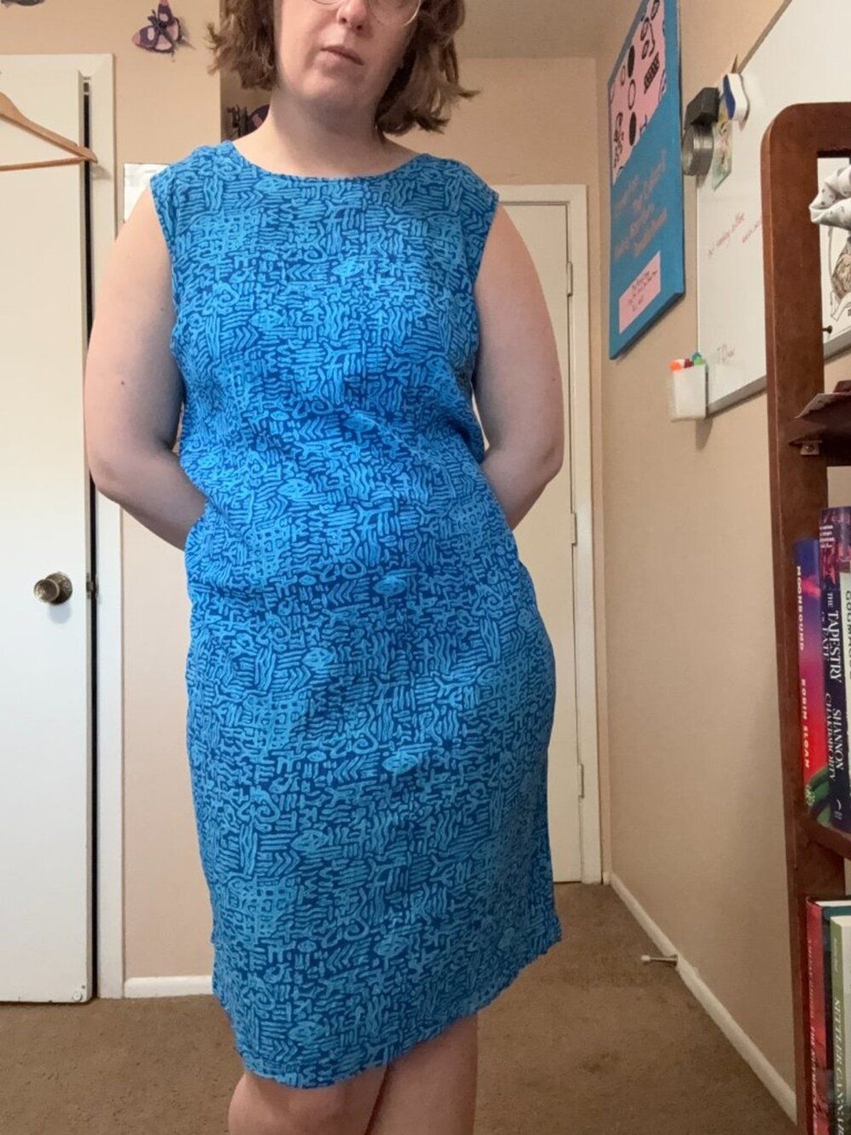 Vtg 1990s MHM Melissa Harper Midi Dress Large Blue Geometric