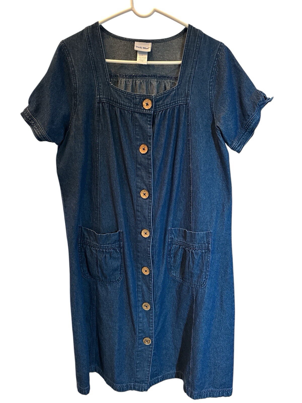 Vicki Blue VTG 90’s Womens Teacher Short Sleeve Jean Dress Dark Wash Denim SzLg