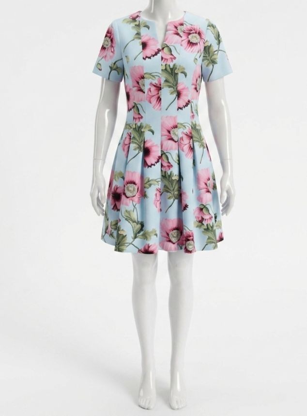 Oscar De La Renta Women’s Blue Poppies Faille Fit & Flare Dress Size 4