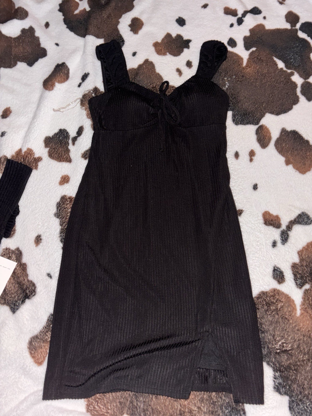 No Boundaries Black Ribbed Knit Ruffle Strap Sweetheart Bodycon Mini XS