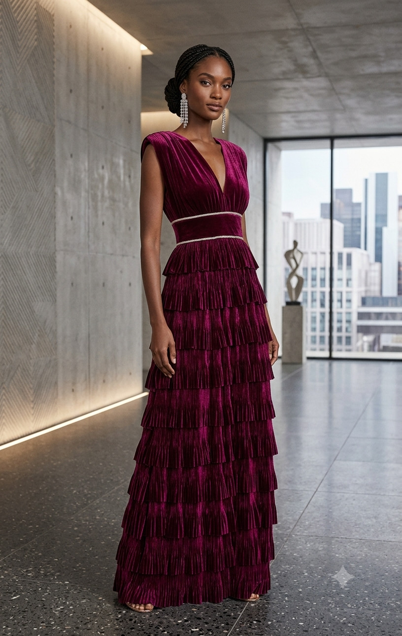 Bronx & Banco Burgundy Velvet Flared Maxi Dress size M US 6 Formal Semi-Formal