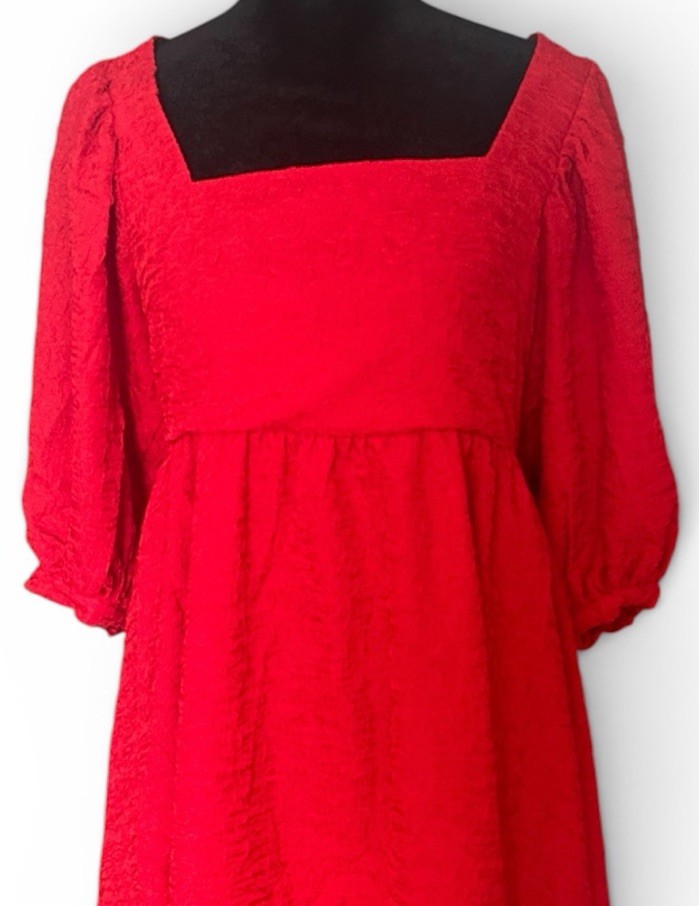 Women’s Red Solid Textured Square Neck Bow Back Pullover Mini Dress S