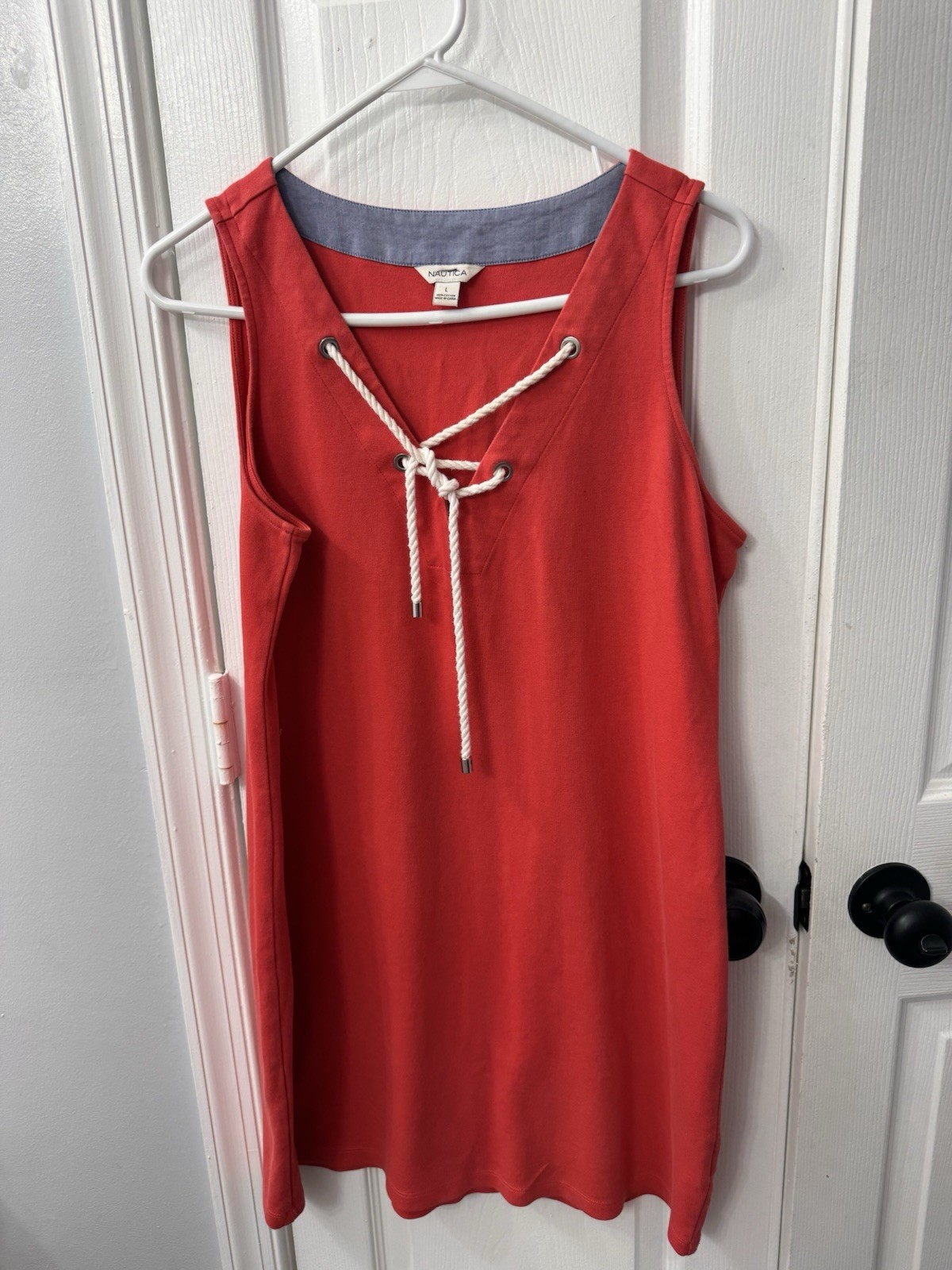Nautica Red Sleeveless T-Shirt Dress Decorative V-Neck 100% Cotton Size Large