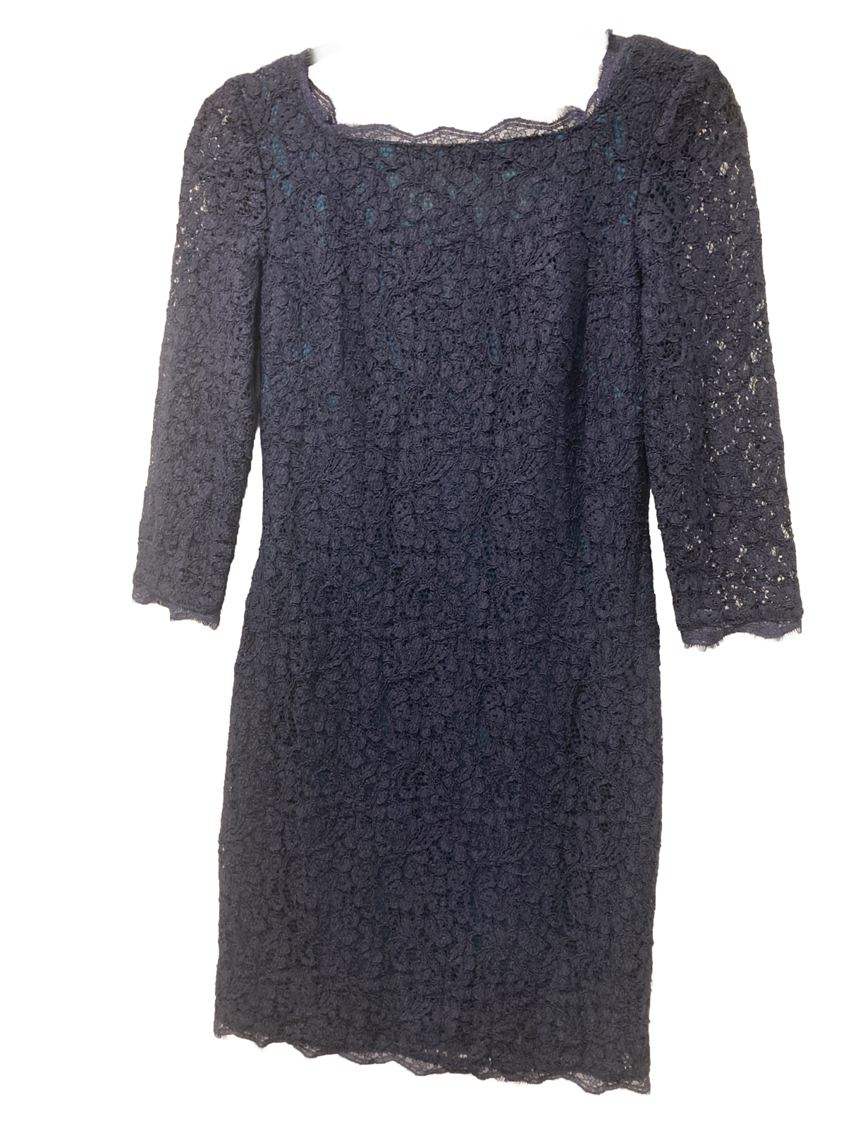 ADRIANNA PAPELL $140 Navy Lined Classic Lace Scalloped Trim Sheath Dress Size 2P