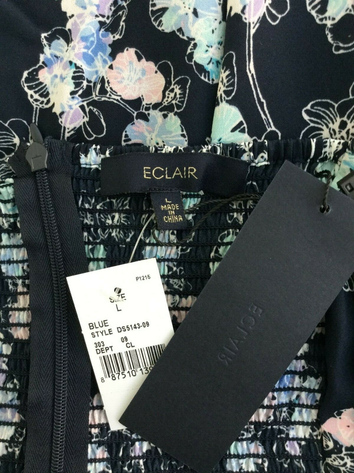 Eclair Blue Floral Dress Smocked-Back Size Large Navy Fit & Flare Beach Sundress