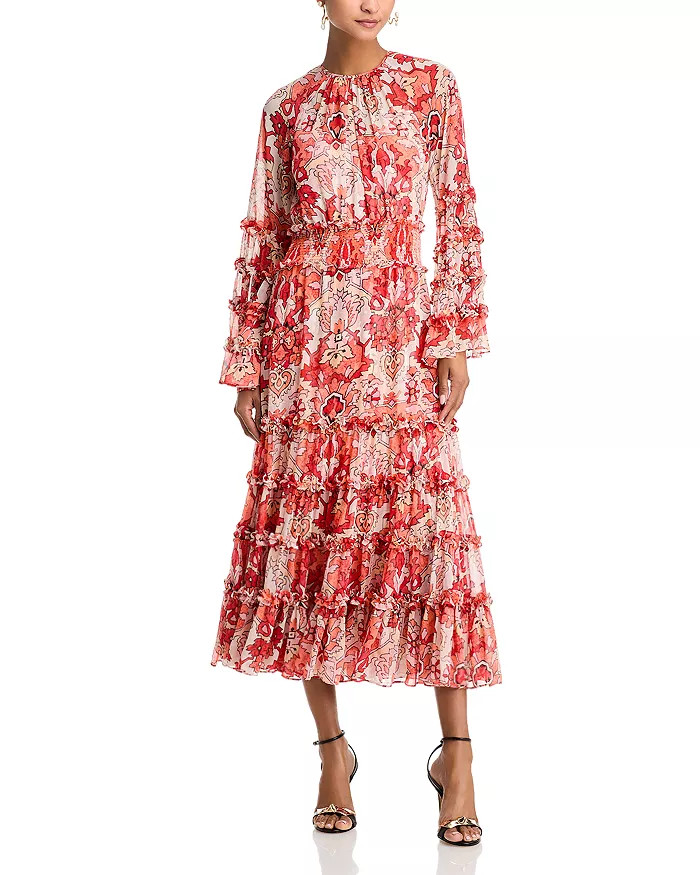 CINQ A SEPT DAMASK SUNNINA PINK POPPY PRINT RUFFLED MIDI DRESS SIZE 4 $595