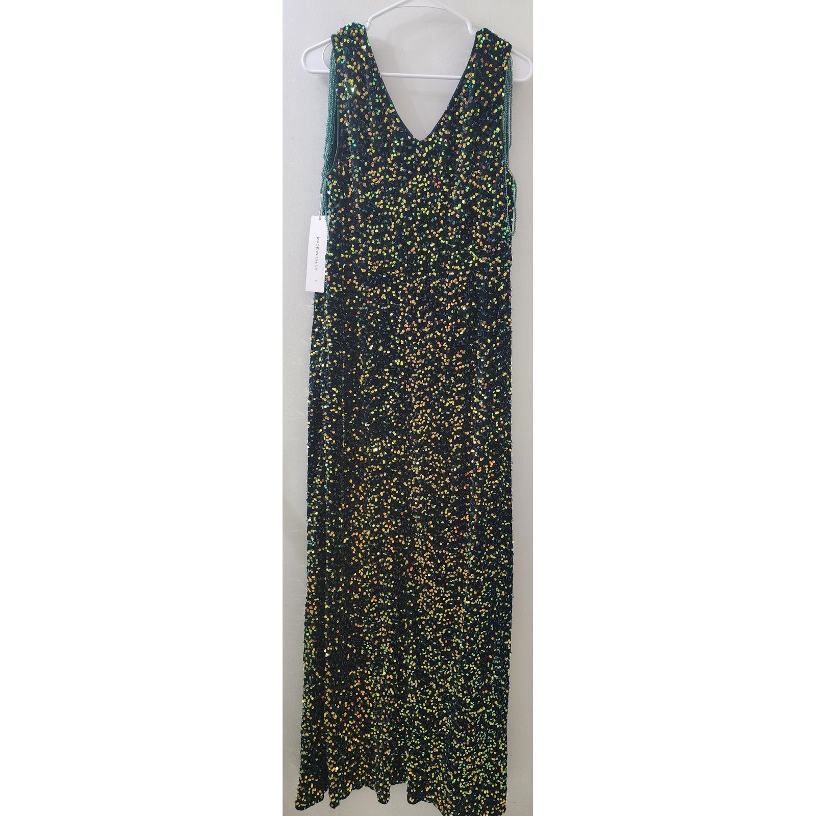 Cololura Green Sequin Velvet Maxi Dress Beaded Fringe V-Neck Slit Gown NEW
