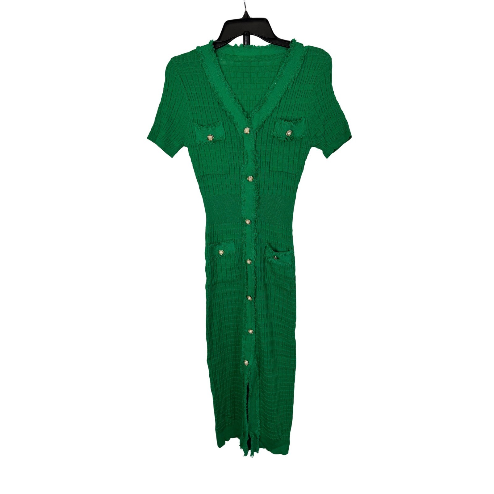 Green Knit Midi Dress Button Down Short Sleeve Fringe Size S/M Very Stretchy