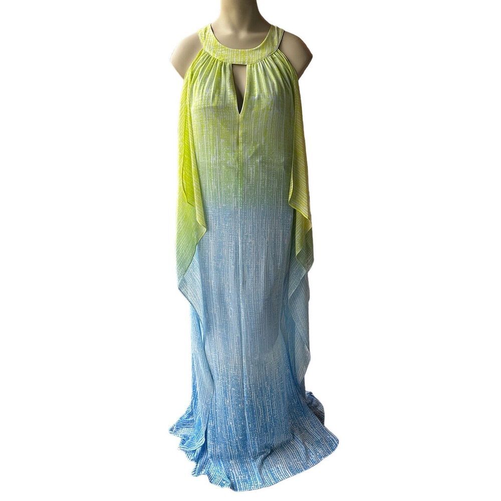 Belle Badgley Mischka Maxi Dress Size 4 Caftan Chiffon Lined Blue Yellow Sheer