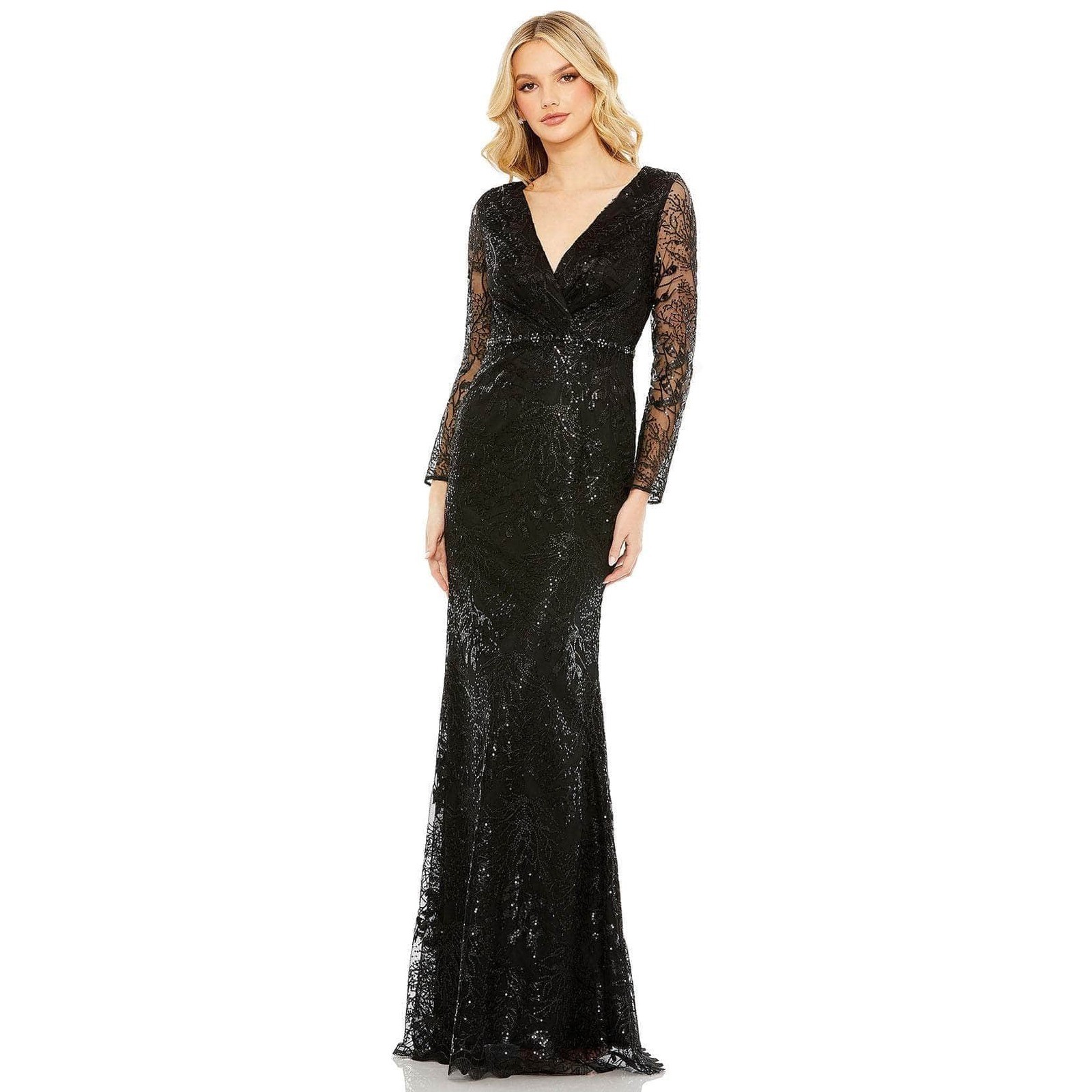 Mac Duggal Black Sequin Lace Long Sleeve V-Neck Evening Gown 68016 Size 20 NWT