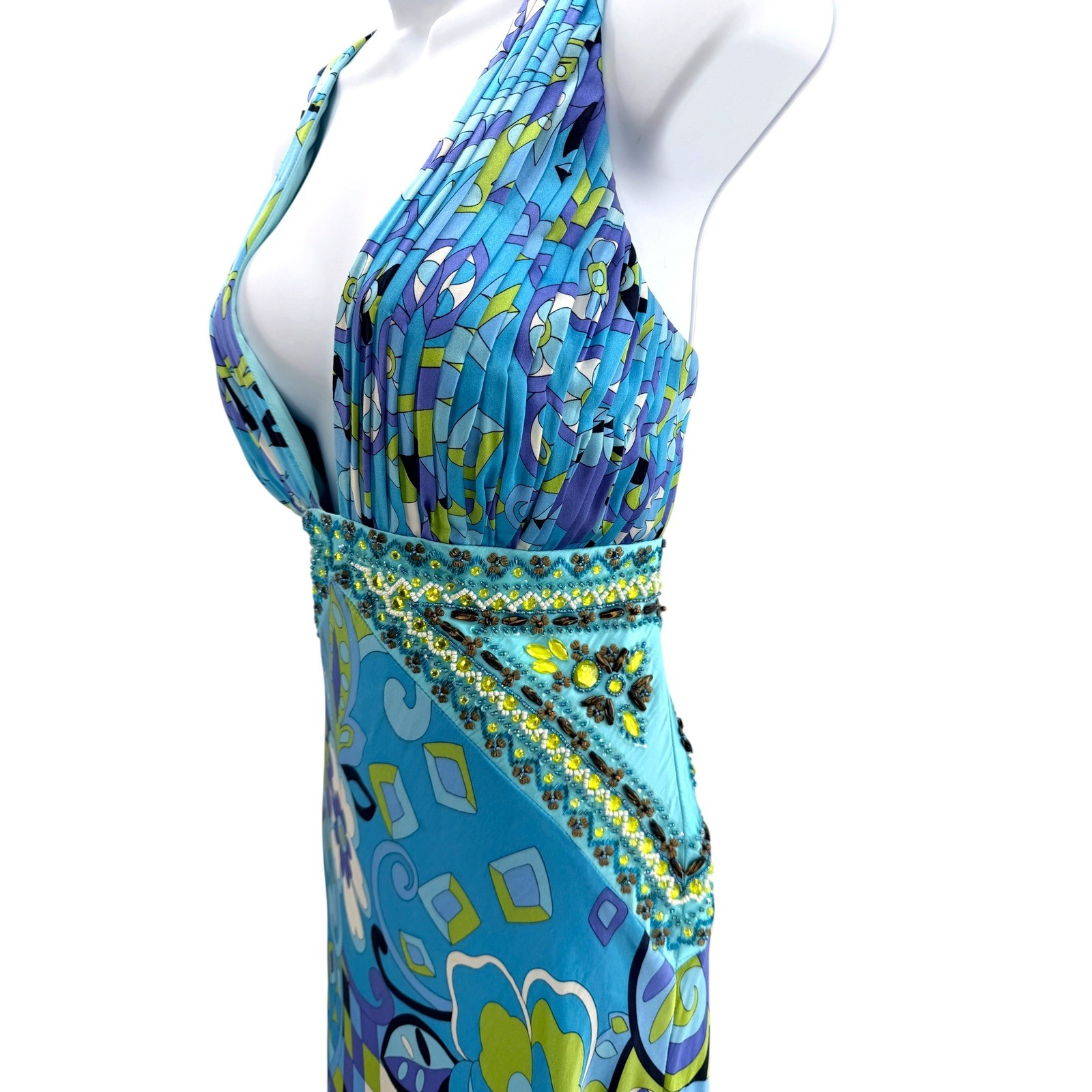 Sue Wong Nocturne Blue Silk Beaded Psychedelic Floral Maxi Dress Open Back 12