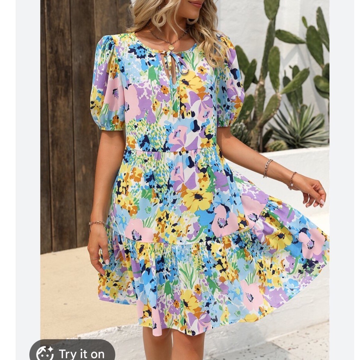 Greathe Floral Tiered Babydoll Dress Blue Pink Yellow Puff Sleeve Size L 8/10