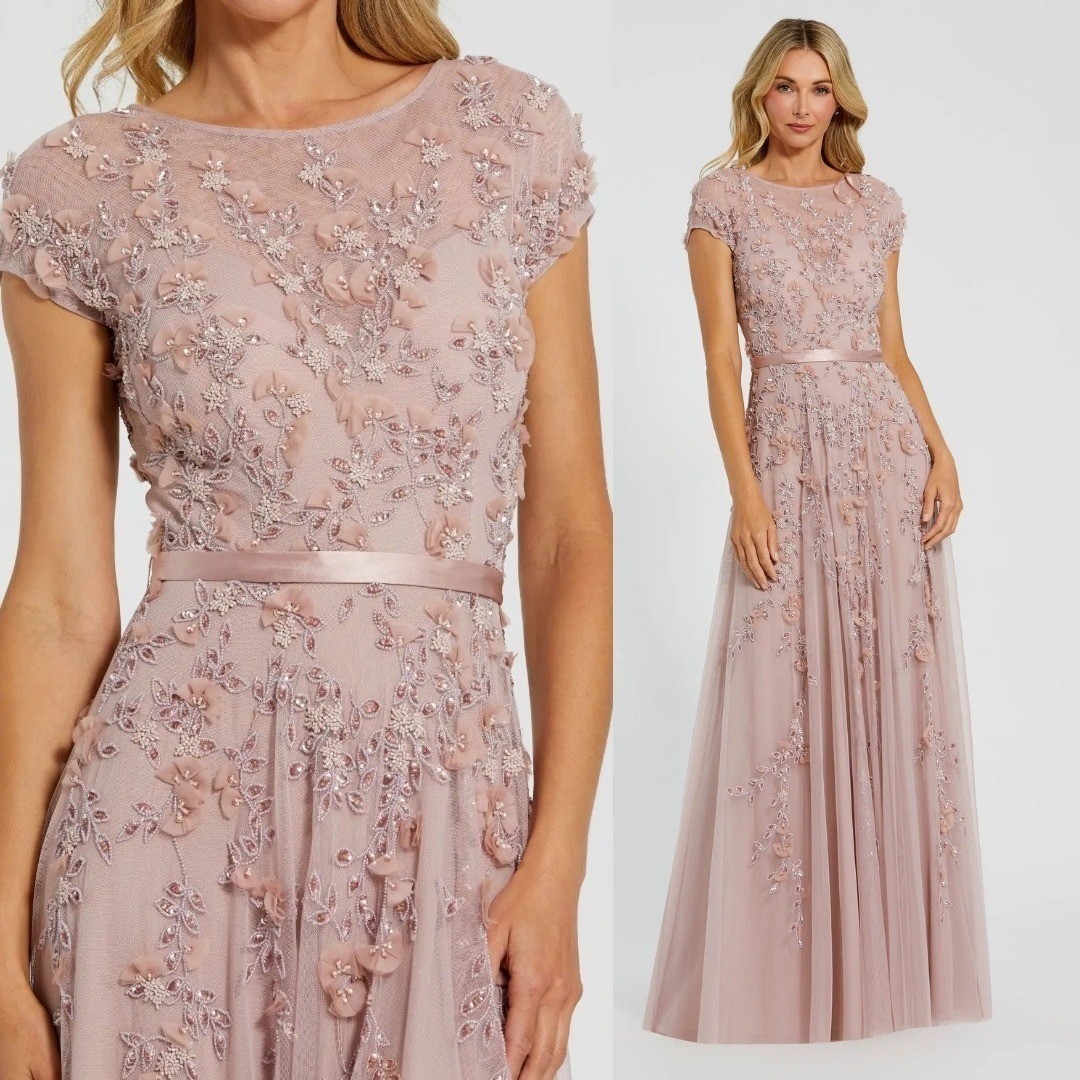 NWT Mac Duggal Pink Floral Embellished Cap Sleeve Gown $698 – Size 12