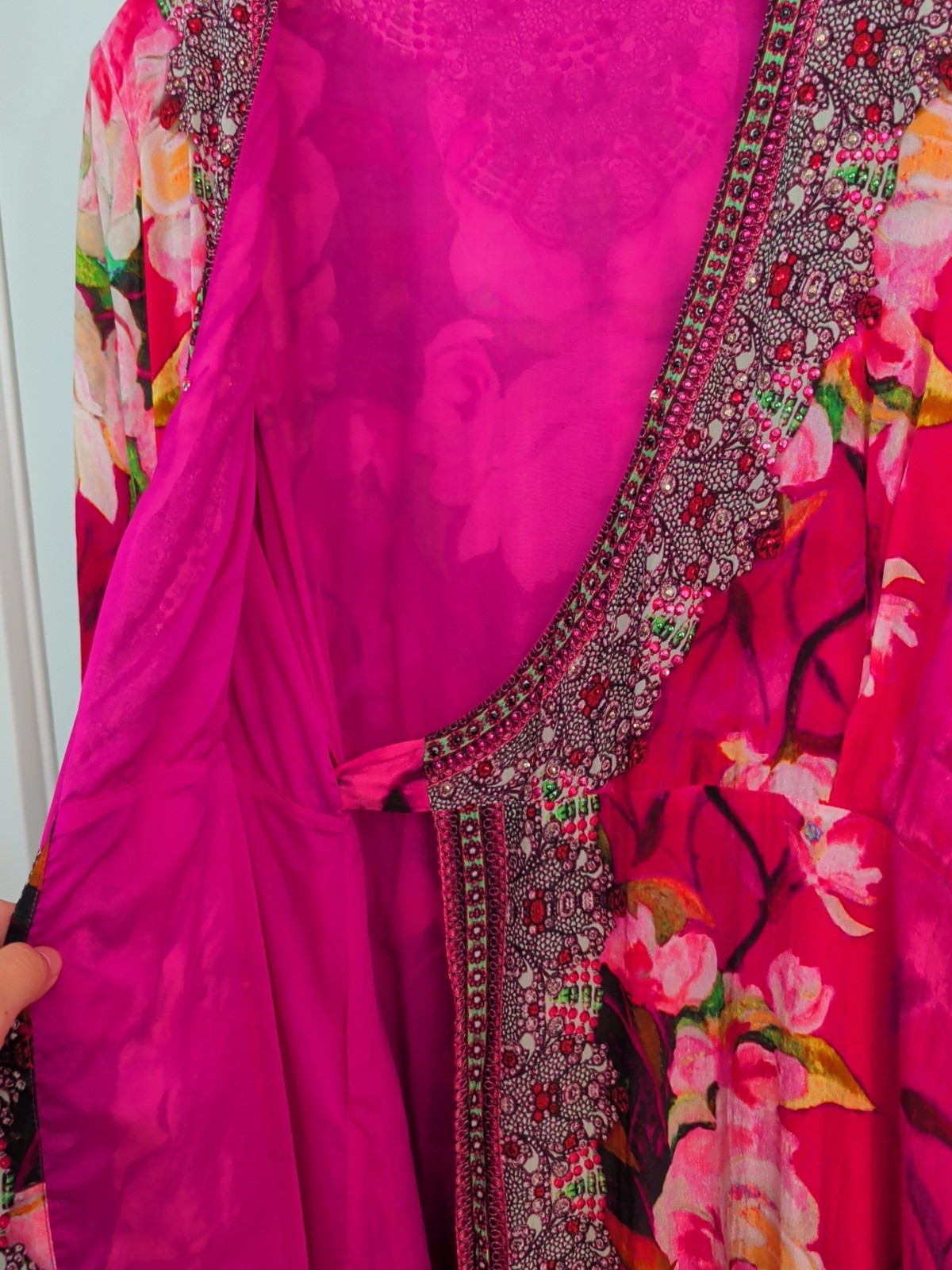 SHAHIDA PARIDES Rhinestone Beaded Wrap Maxi Dress Silk Sz M/L Floral Print Pink