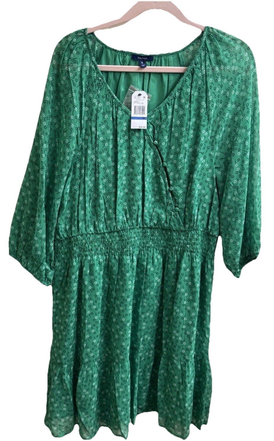 Nautica Women’s XL Green W/Navy & White Floral Print Sheer Long Sleeve Dress