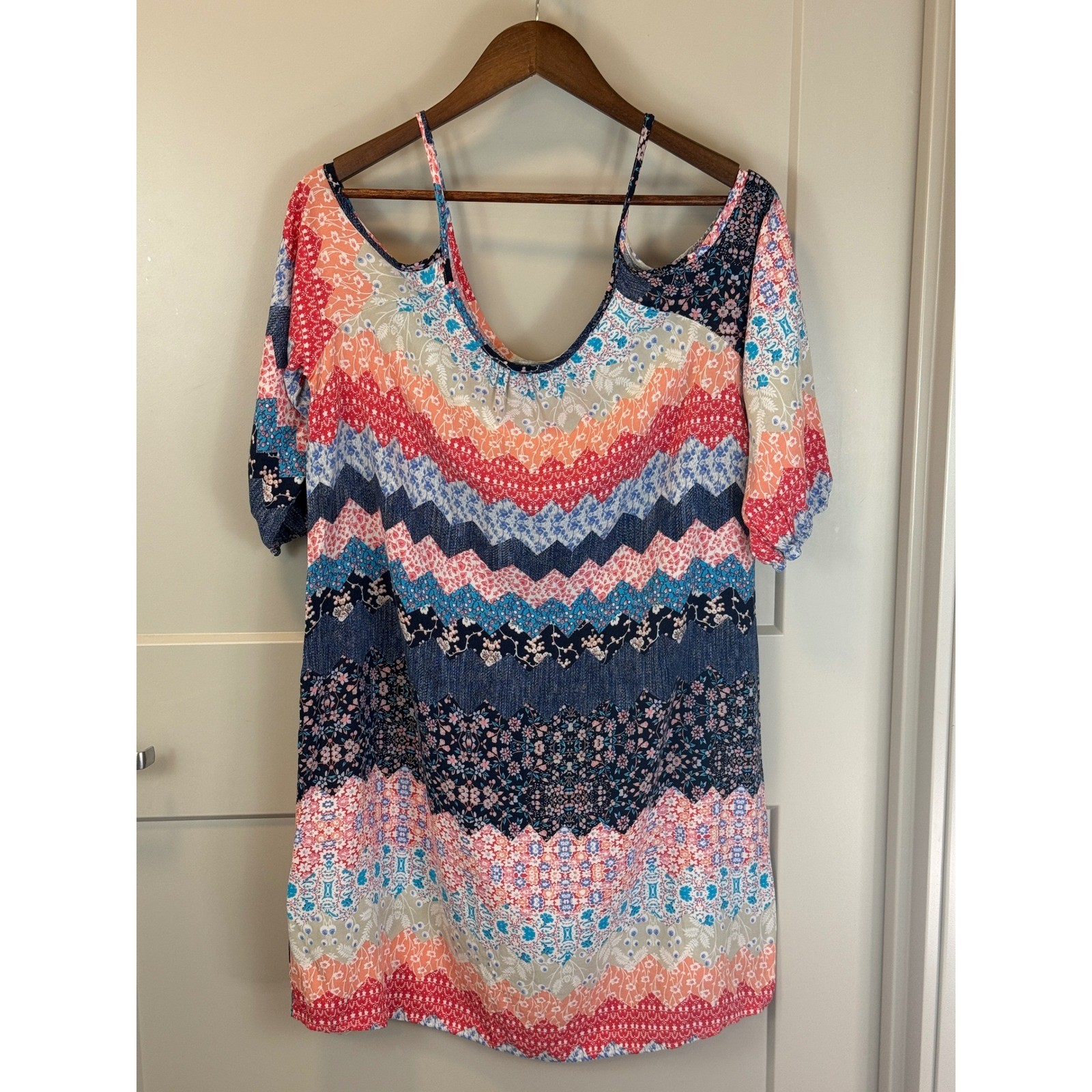 Espresso Chevron Floral Patchwork Cold Shoulder Slip Dress Size XL Grandmacore