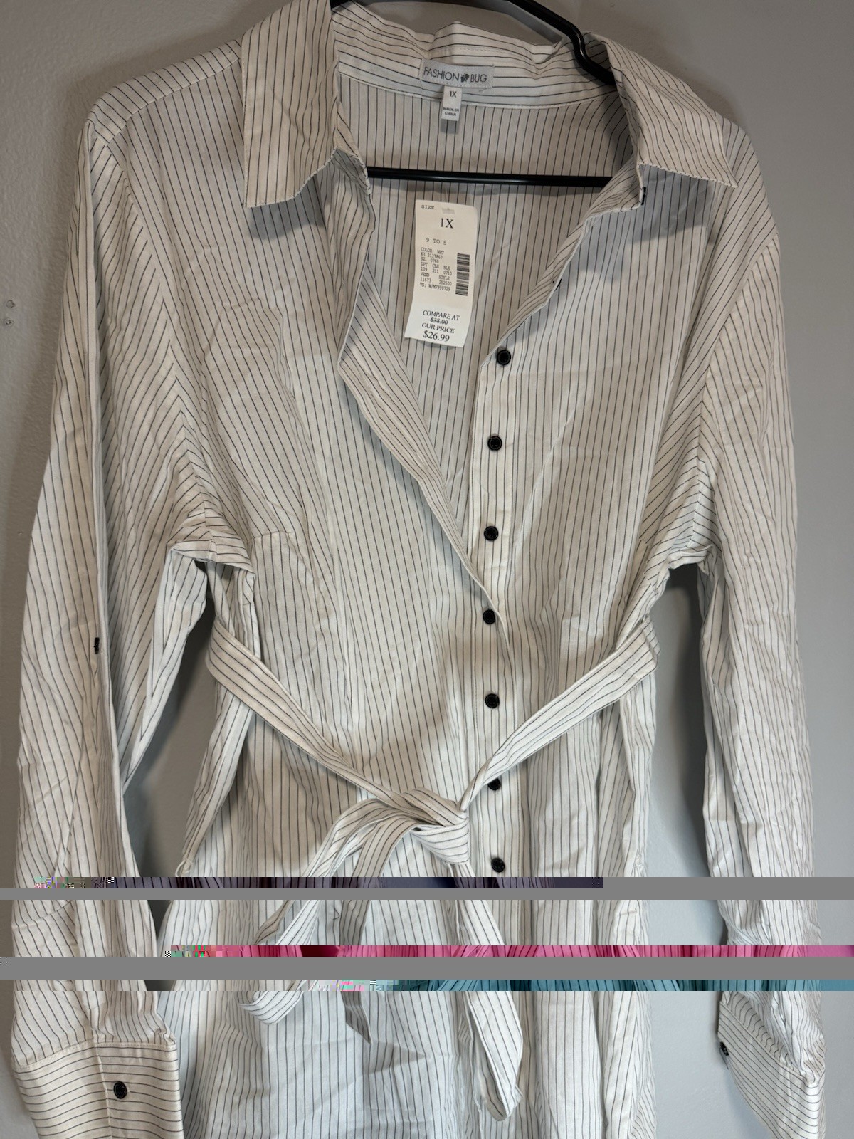 Fashion Bug 1X Plus White Black Striped Long Sleeve Shirt Dress Button Tie Waist