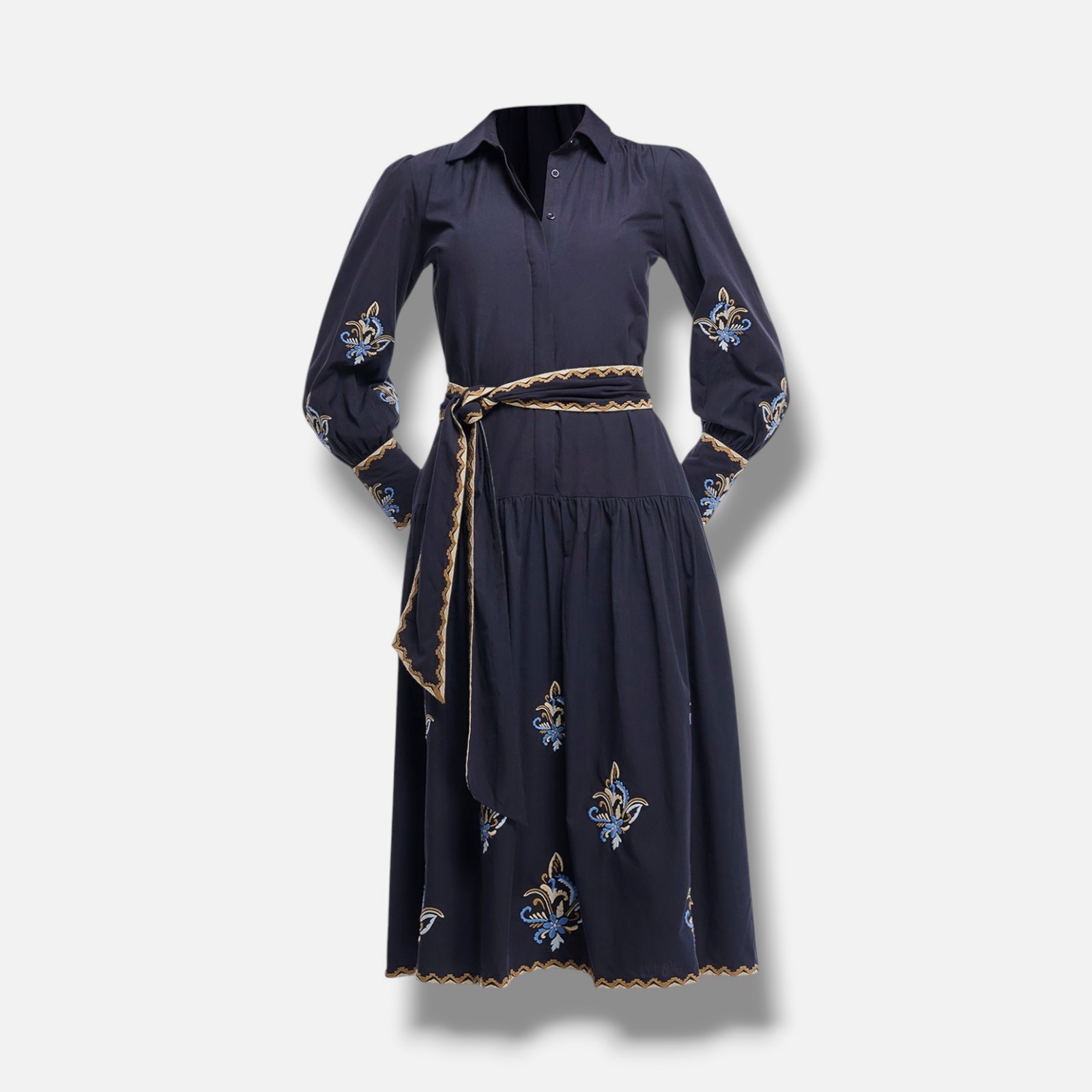 Shoshanna Women’s Blue Geer Embroidered Cotton MIDI Shirtdress Size 2