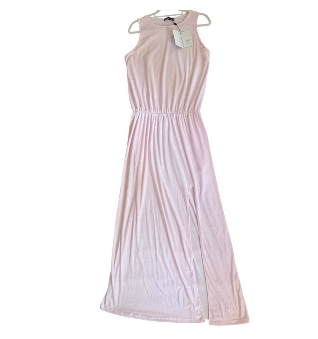 NEW COZY BABY PINK MAXI DRESS SLEEVELESS FRONT SLIT 99% COTTON ELASTIC WAIST LG