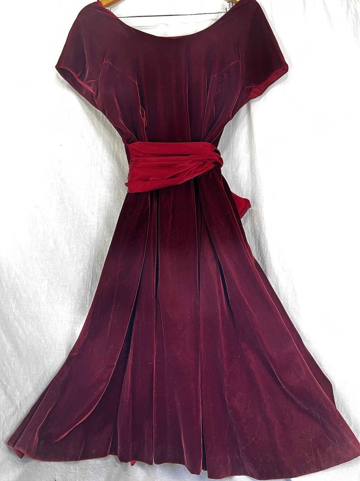 Velvet Dress Small Dark Red Maroon Romantic Midi Long Pink Sash Fit and Flare S