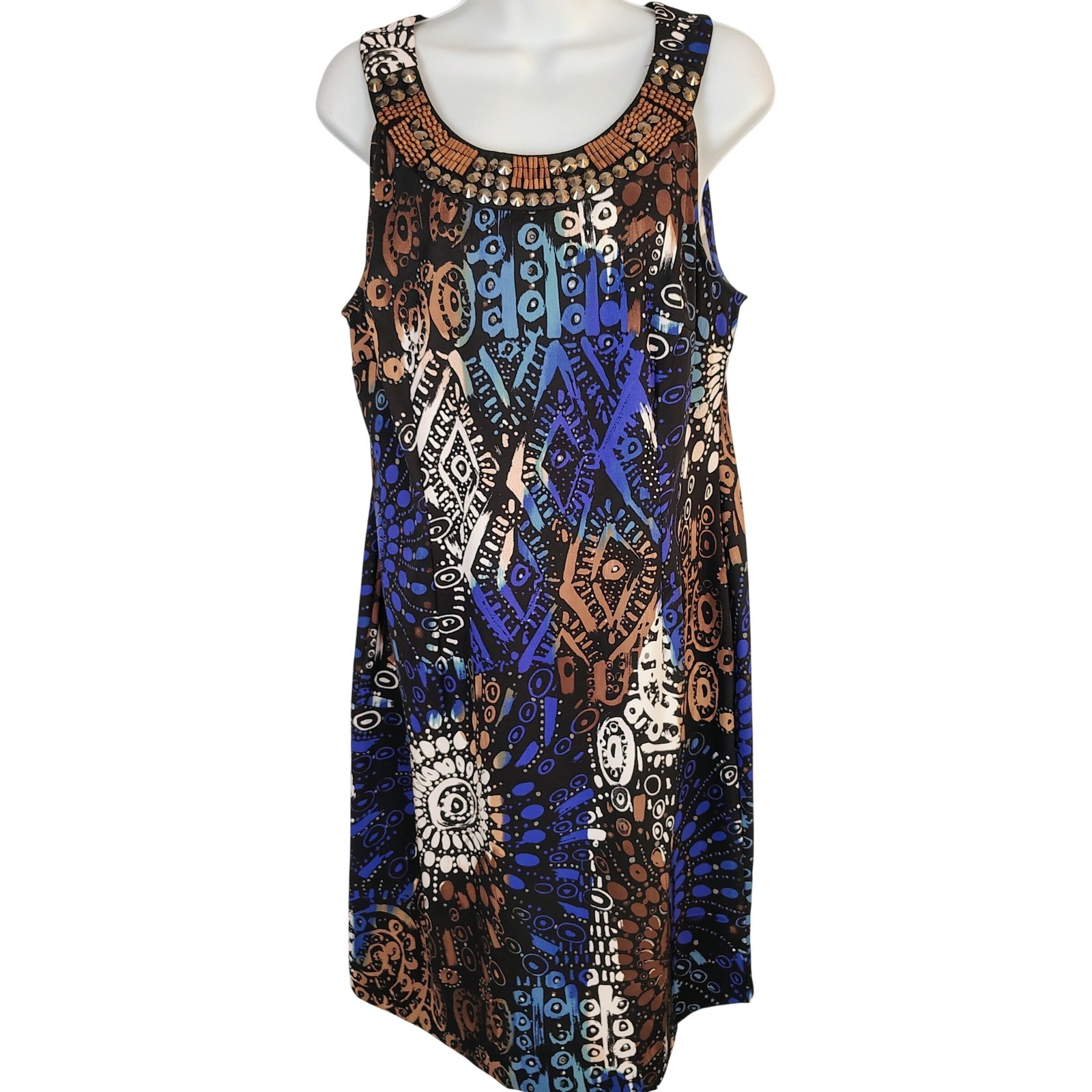 Womens 14 Blue Brown Geometric Tribal Beaded Studded Sheath Party Dress vibrant