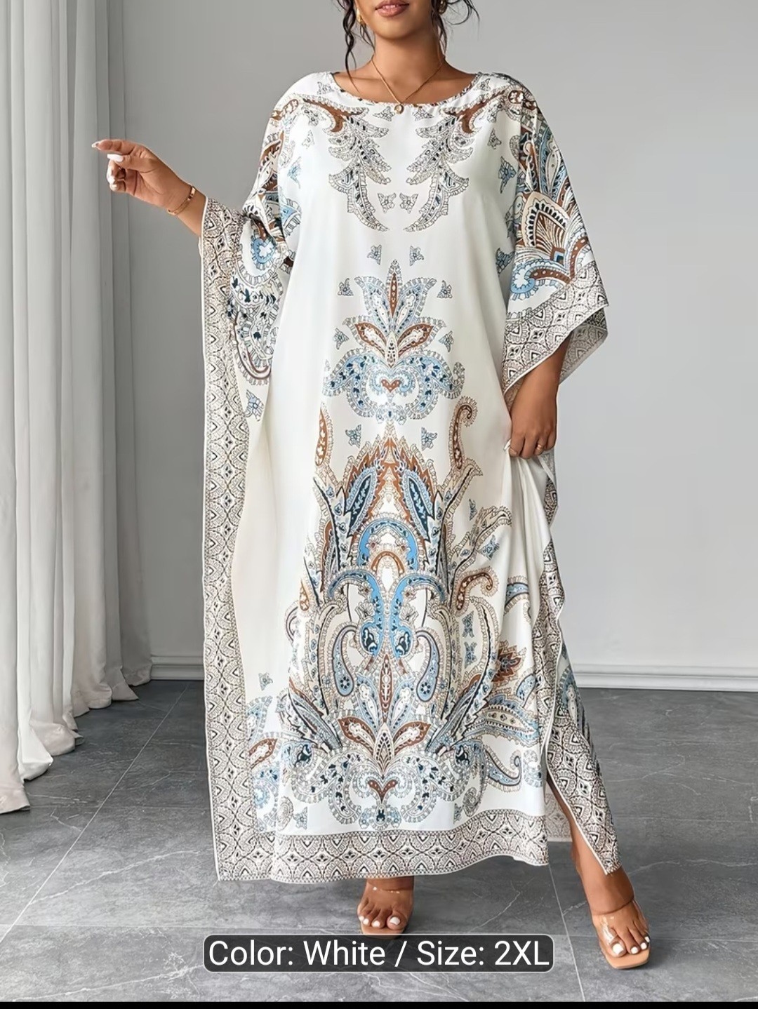 White Blue Brown Paisley Kaftan Maxi Dress Round Neck Pullover Women’s Plus 2XL