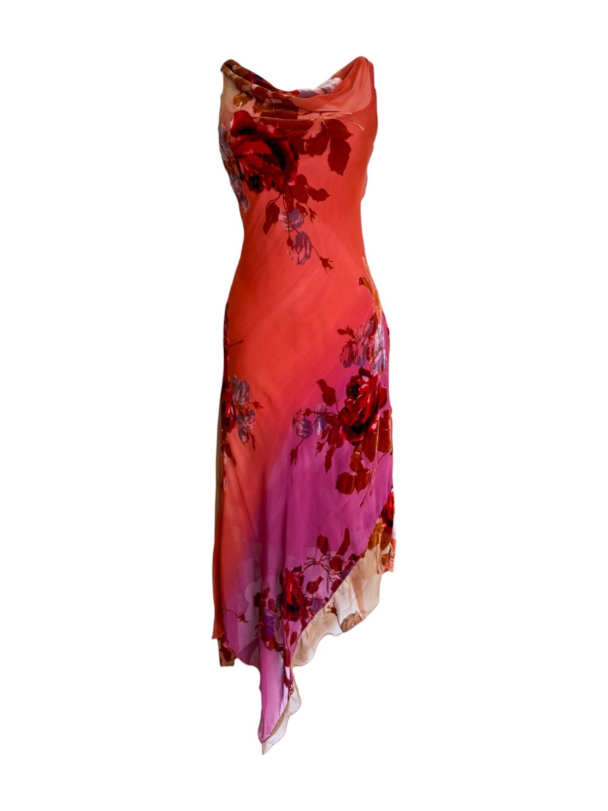 Betsey Johnson Orange & Pink Rose Floral Velour Dress S