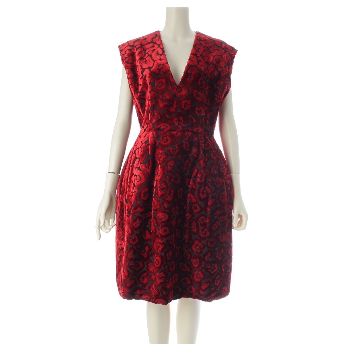 PRADA 2008 Velor flower jacquard one piece dress Red 40