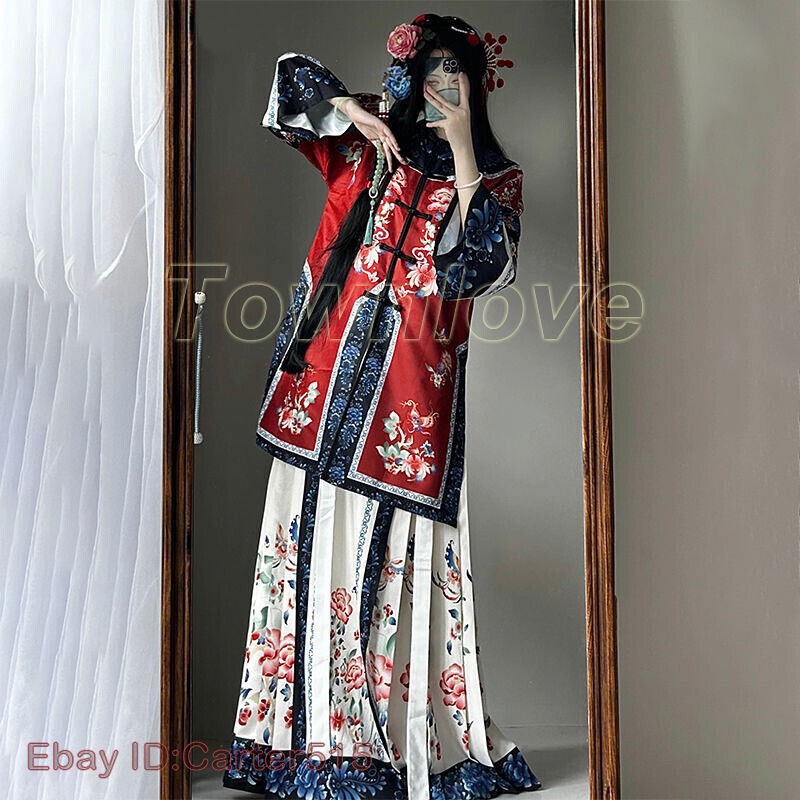 Qing Dynasty Retro Chinese Costumes Dress Floral Printing Womens Hanfu Dress New