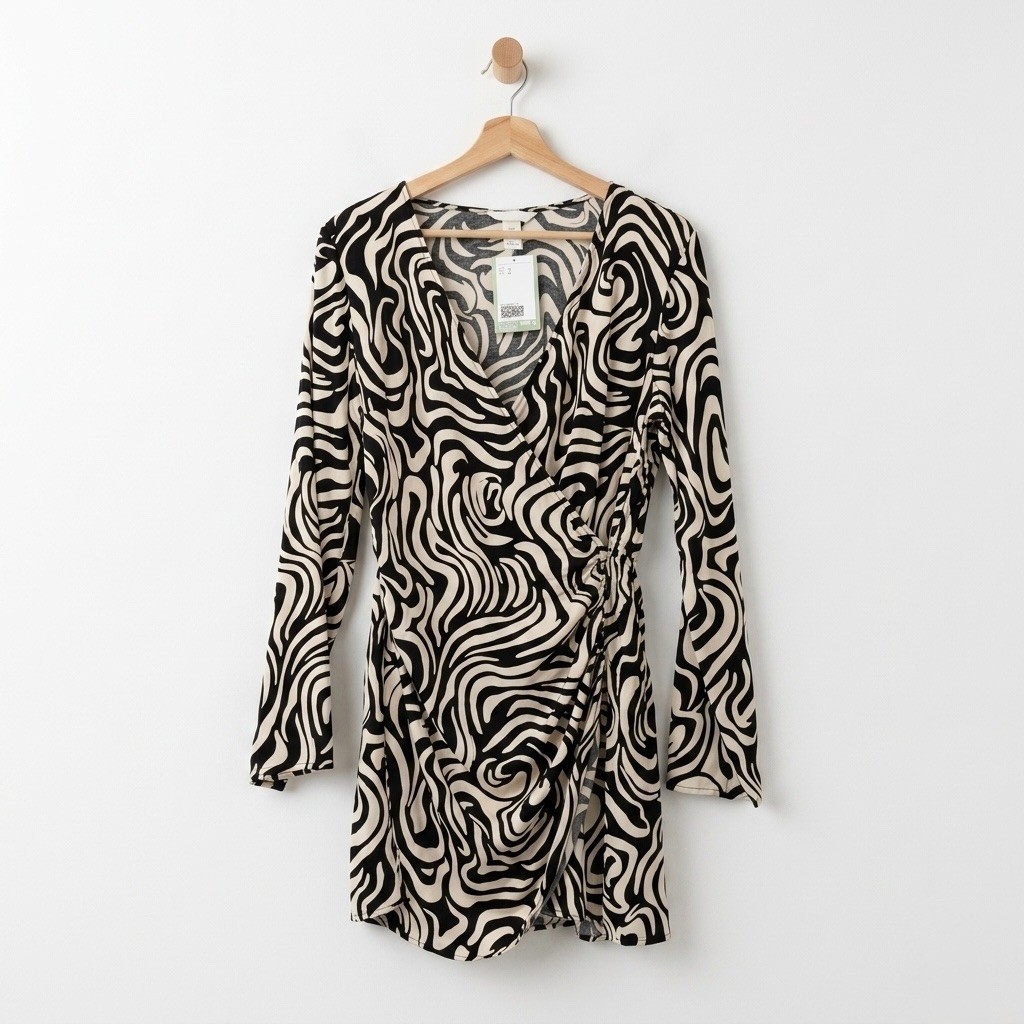 HM Womens Swirl Print Long Sleeve Wrap Mini Dress Black Cream Medium New NWT