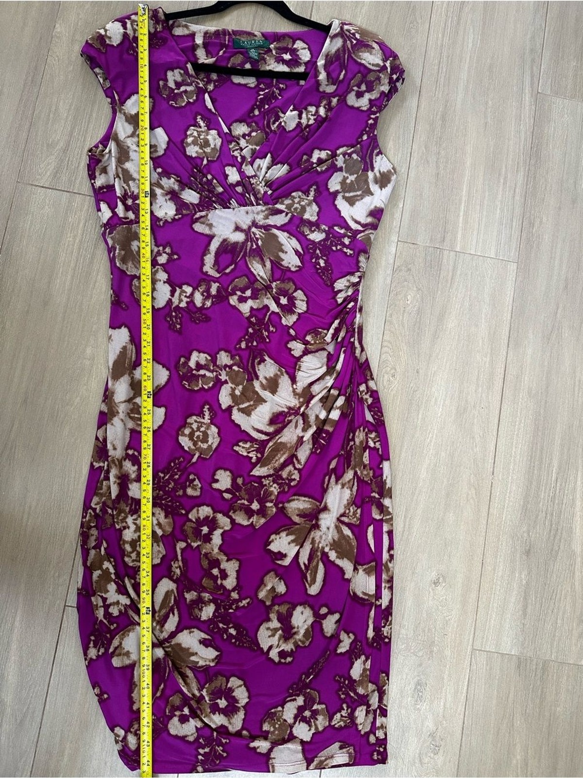 Ralph Lauren Pink Floral Ruched Sheath Dress Size 12 Faux Wrap Office Cocktail