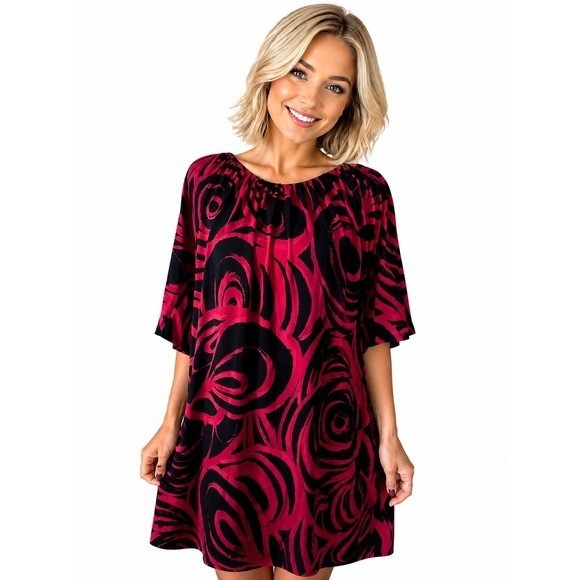 Tiana B Womens Red Black Abstract Swirl Shift Dress Short Sleeve Size M 75338A
