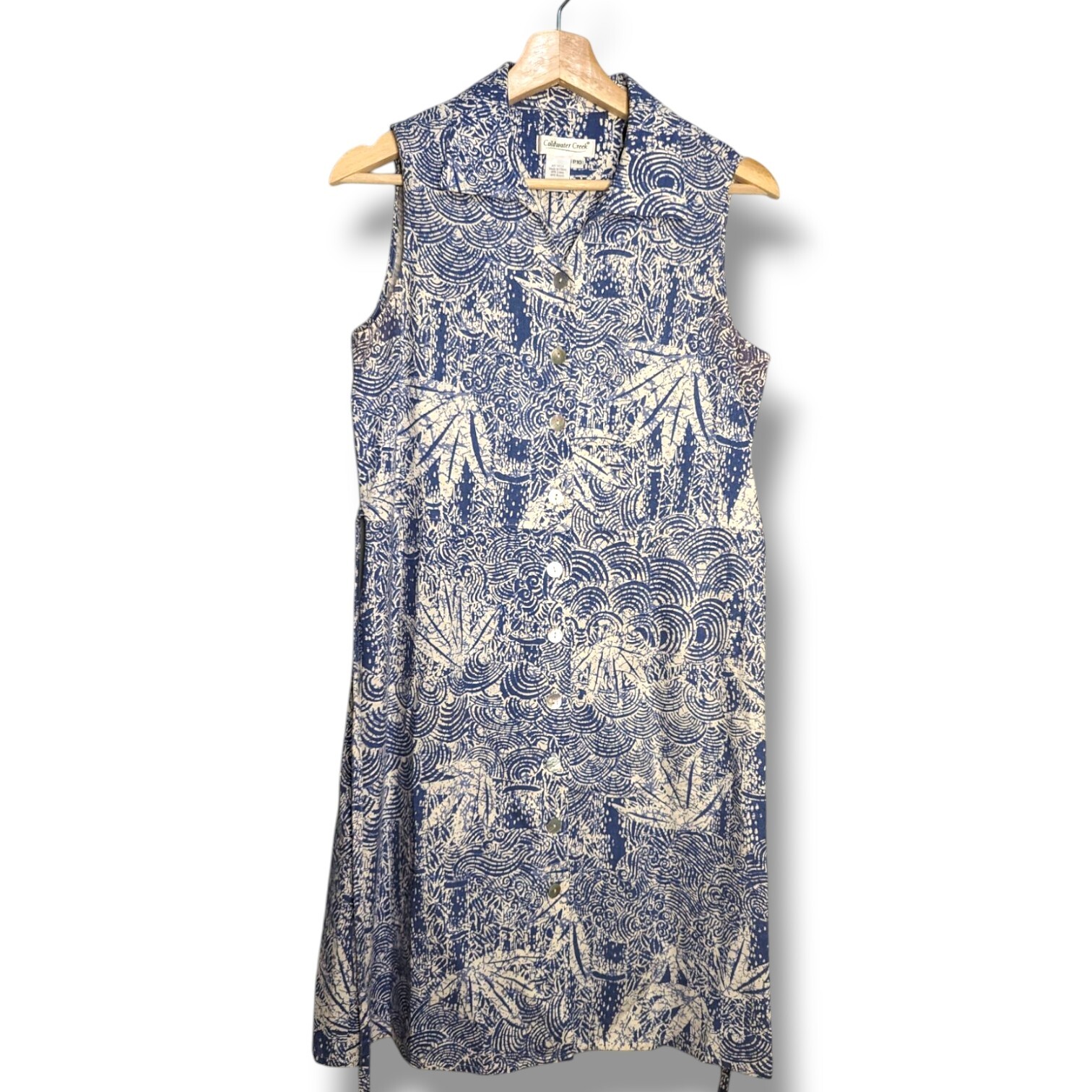 Coldwater Creek Linen Blend Button Down Dress 10P Sleeveless Blue White Vacation