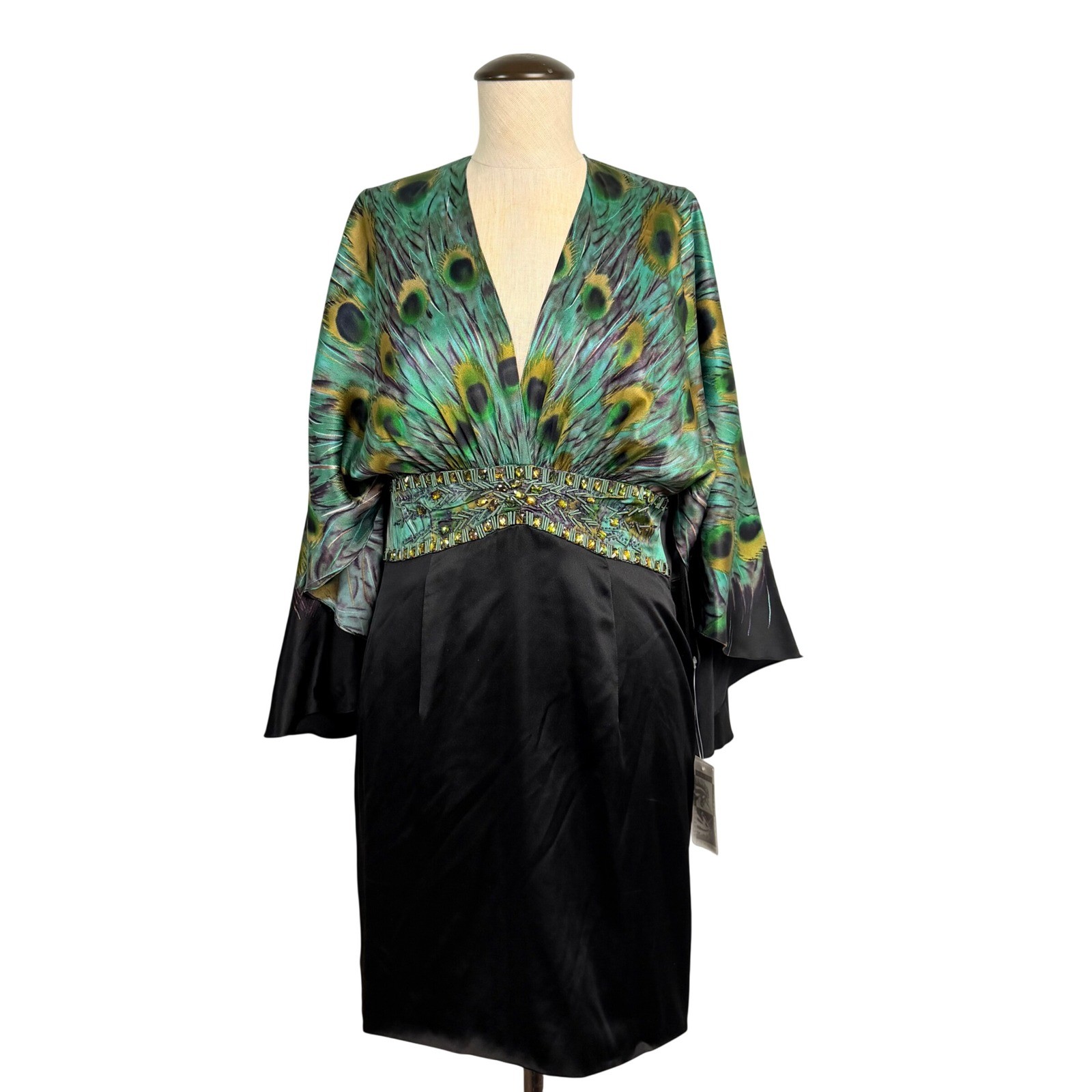 Alberto Makali Silk Peacock Feather Beaded Cocktail Dress Teal Black 6 NWT