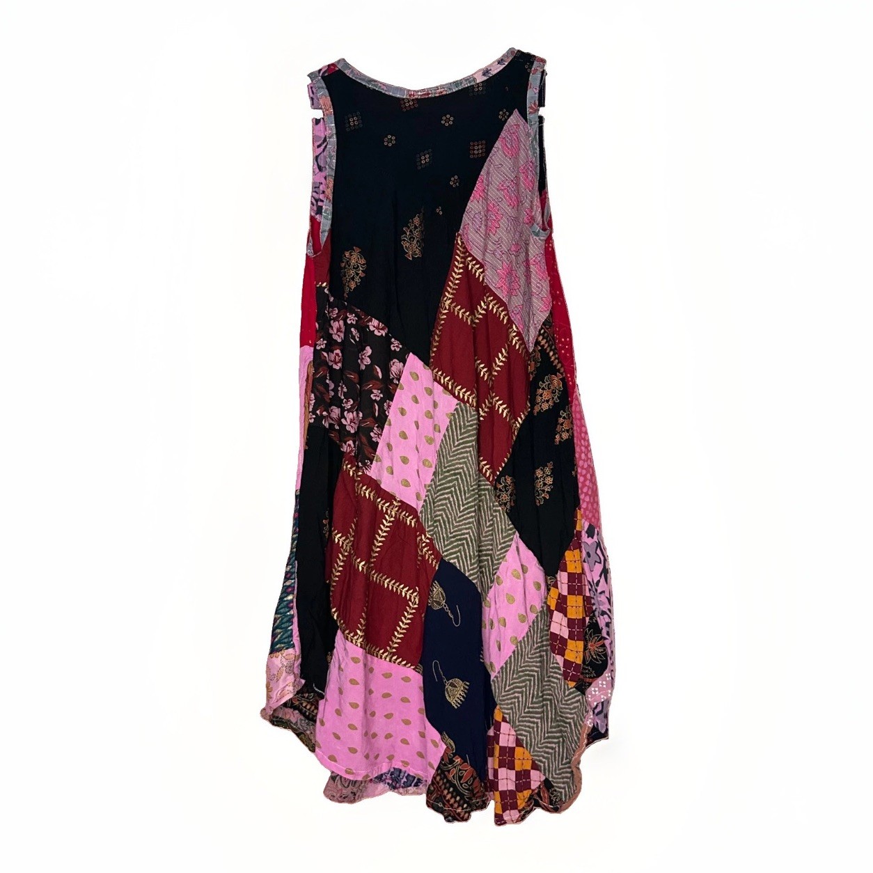 Oversized Patchwork Sleeveless Tunic Dress Boho Lagenlook Artsy Hanky Hem