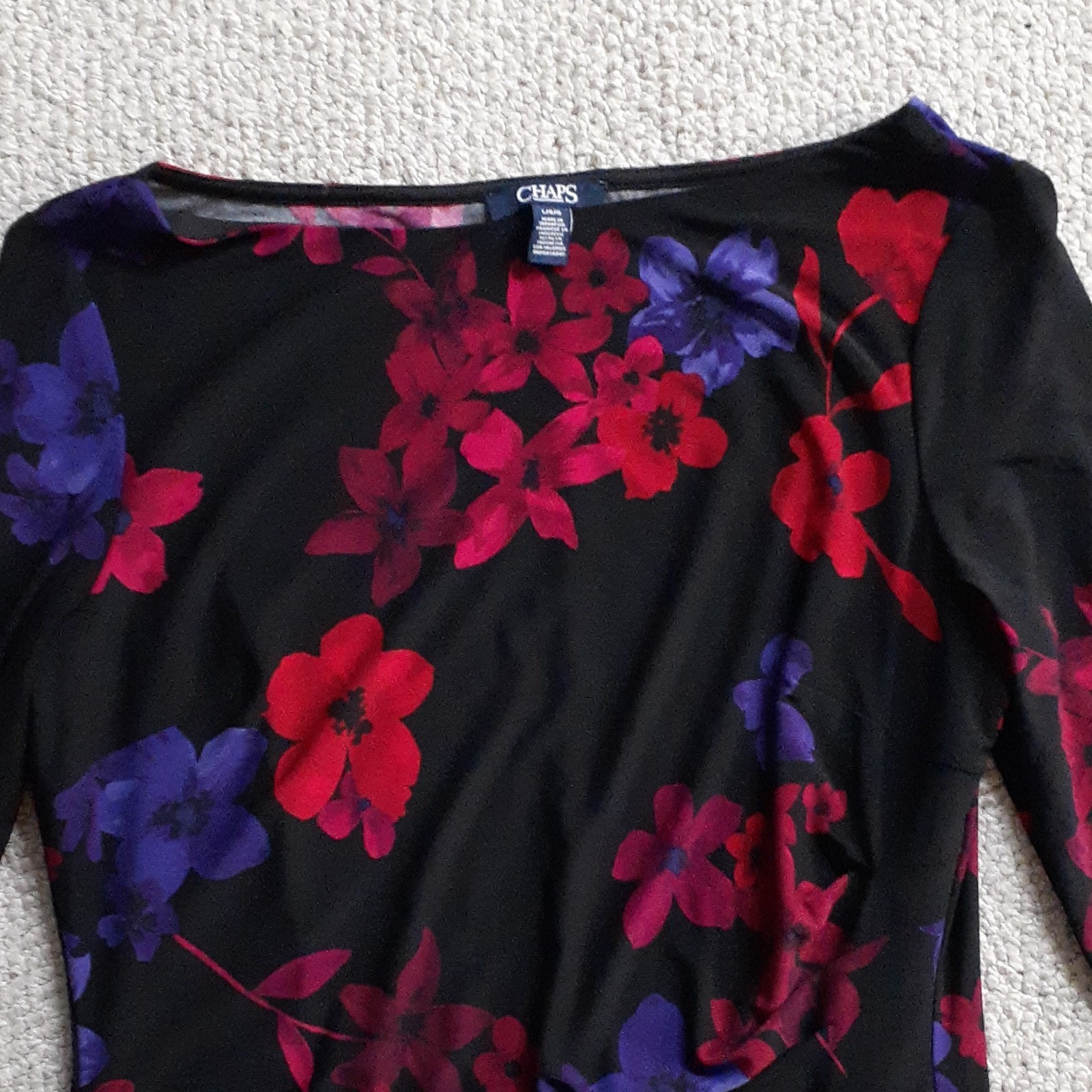 Chaps Women’s L Floral Knit Sheath Pull-On Dress Black Red Purple 3/4 Sleeve
