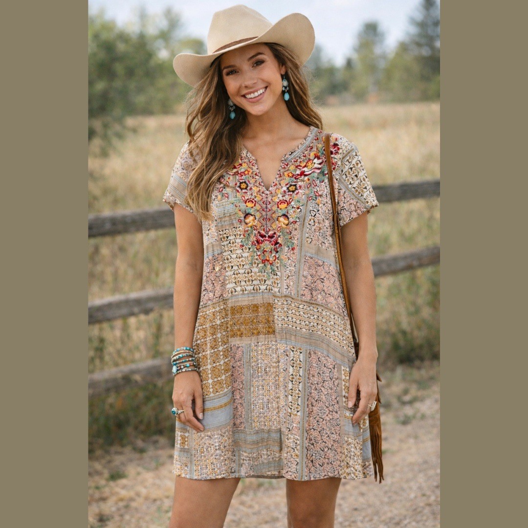 Savanna Jane Size Small Embroidered Patchwork Dress Floral Boho Festival Western