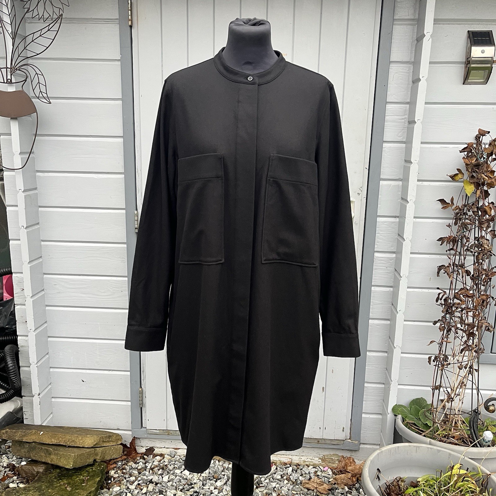 COS Black Wool & Cashmere Mix Grandad Collar Shirt Dress With Pockets UK Size 12