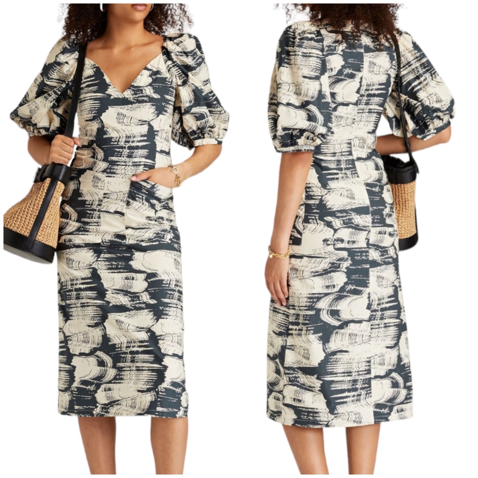 REMAIN BIRGER CHRISTENSEN NWT Lassy Printed Poplin Midi Dress Size 0 Puff Sleeve