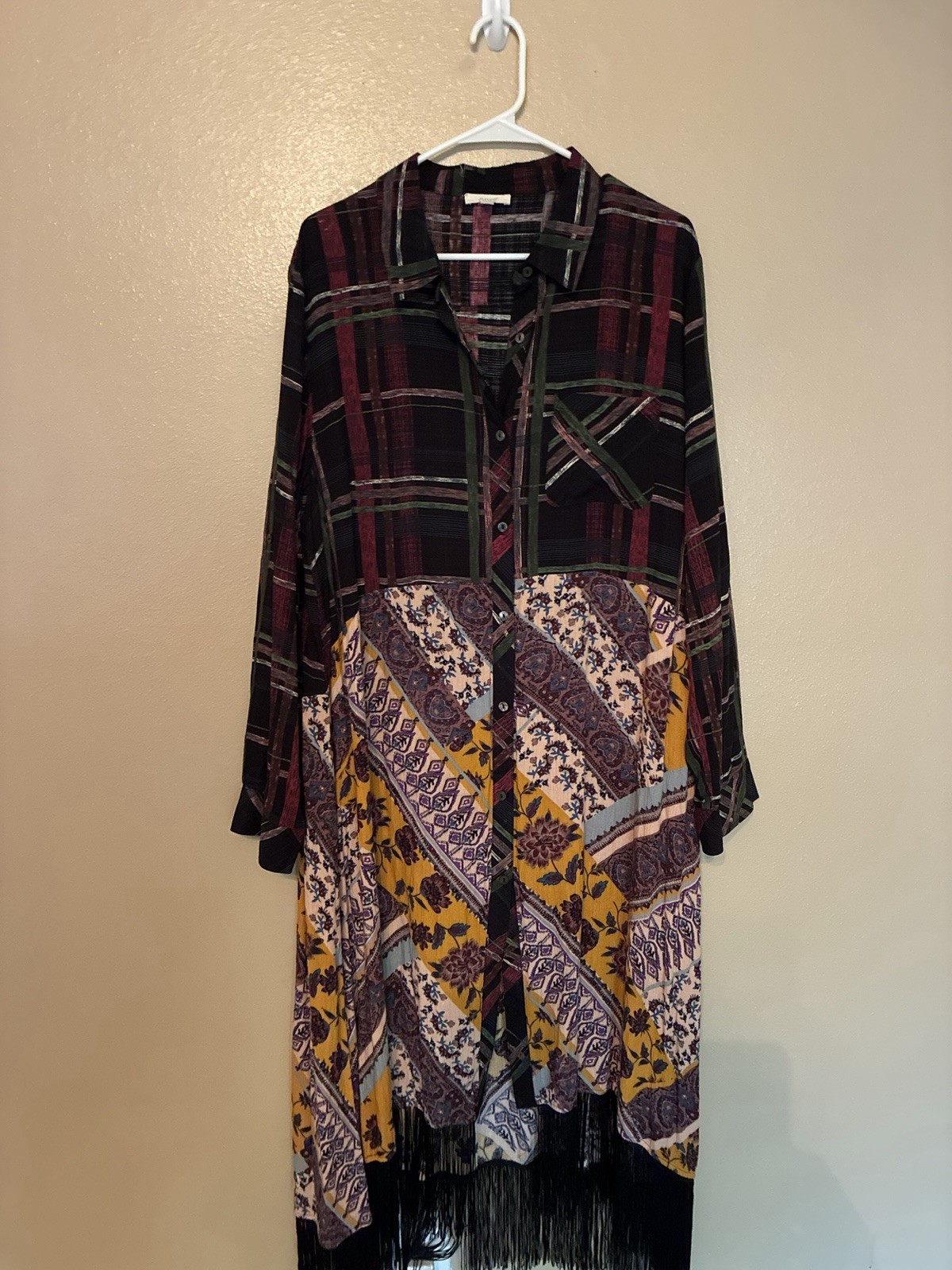 Oddi Long Button Front Fringe Duster Dress Long Top Size 1XL Boutique