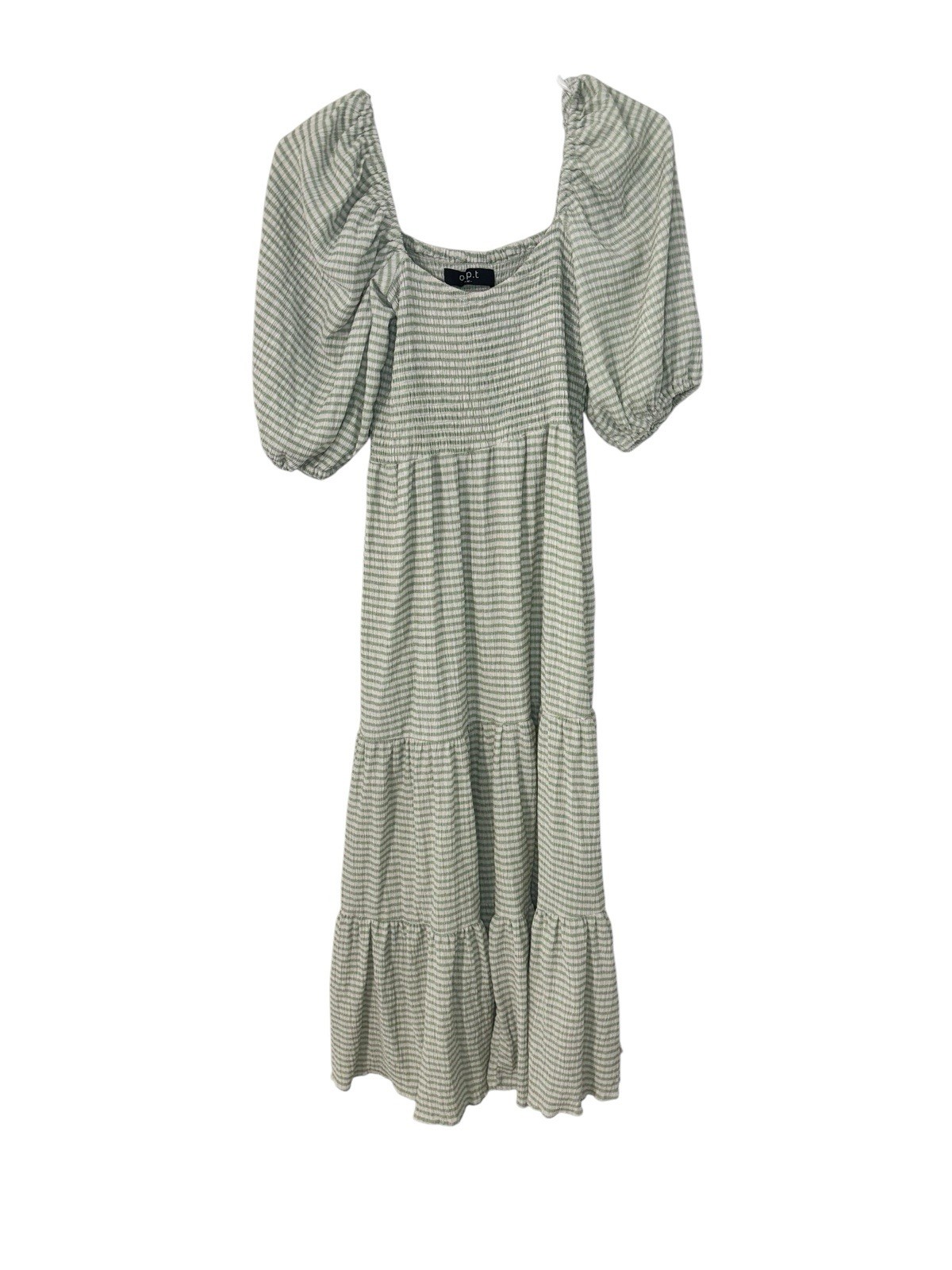 O.P.T Womens Gingham Smocked Midi Dress Medium Green Puff Sleeve Pockets