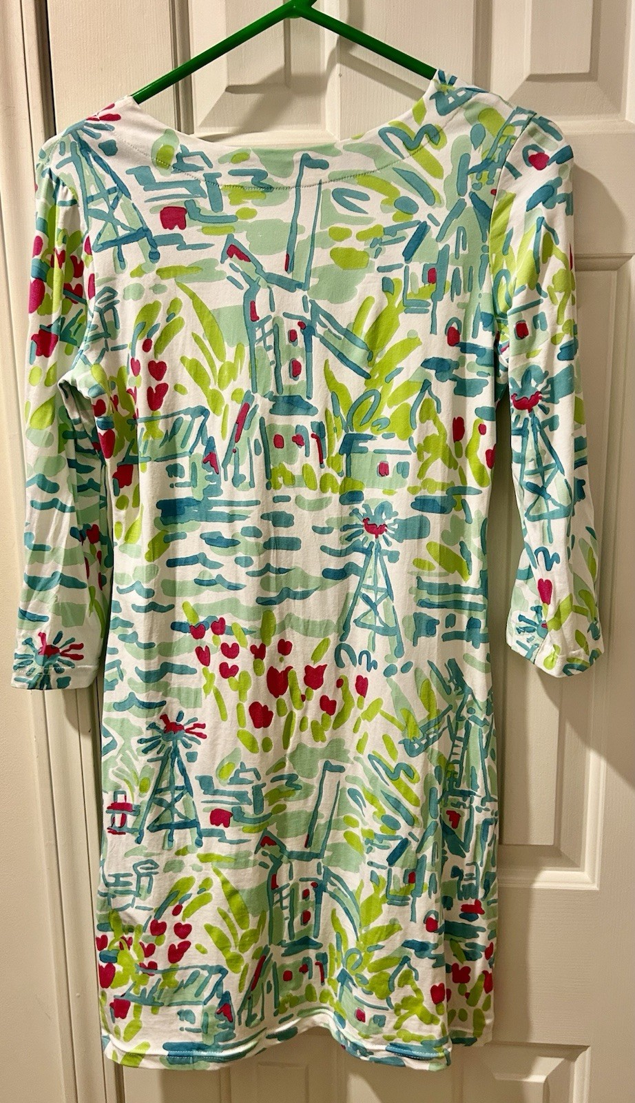 BARBARA GERWIT White Aqua Blue Green Pink Dress S Summer Holland Windmill Tulips