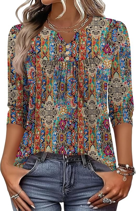 Womens Henley VNeck Blouse Loose Fit Tunic Top Dressy Casual Summer Boho Fashion