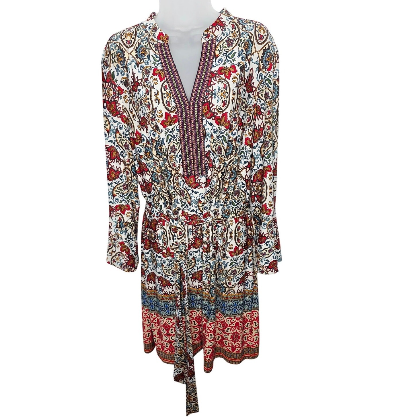 Boho Paisley Floral Knee Length Dress Women’s 2X Tie Waist Bell Cuff Sleeve