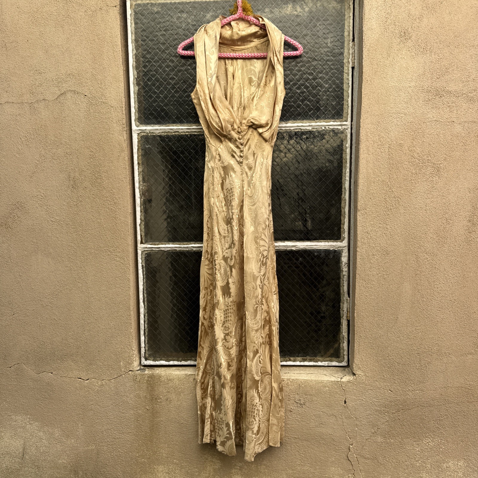 DEFECTIVE Vintage 1930s Yellow Gold Brocade Rayon Gown Maxi Low Cut Old G3D
